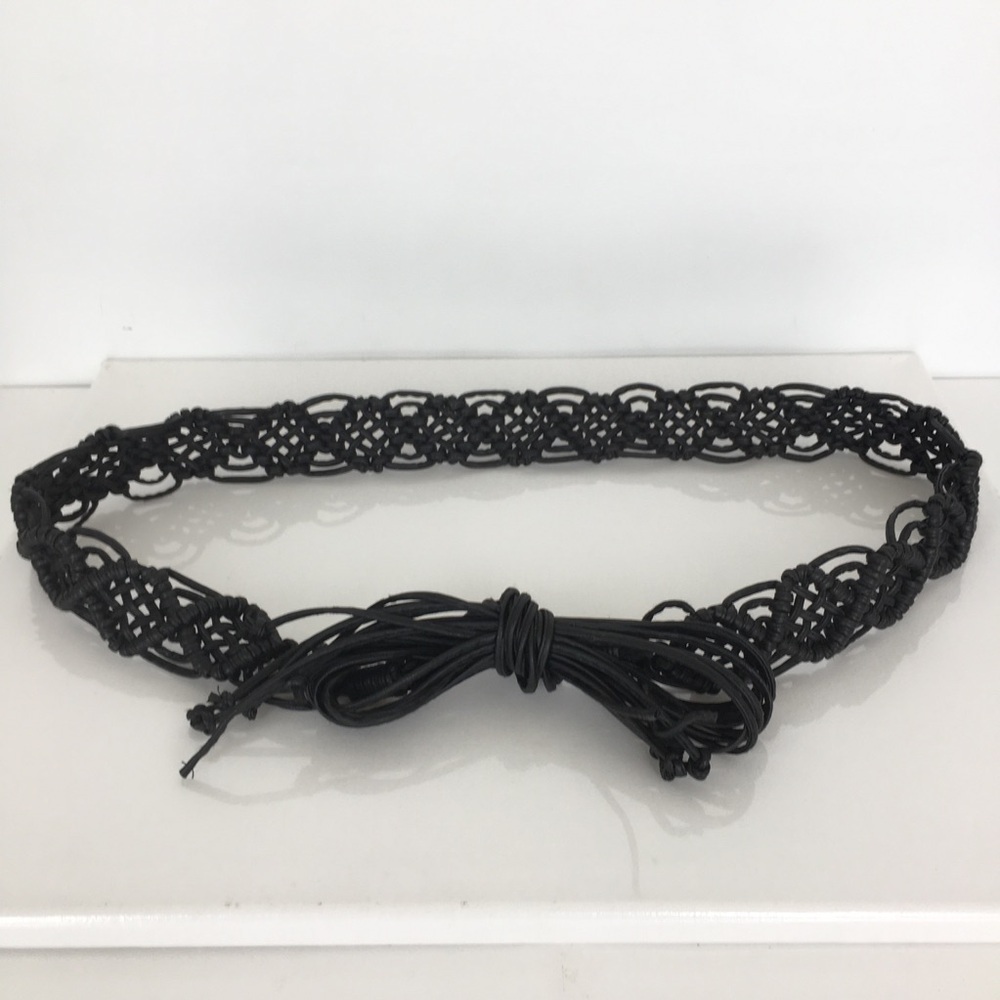 Vintage Black Leather Macrame Woven Belt Boho Fringe